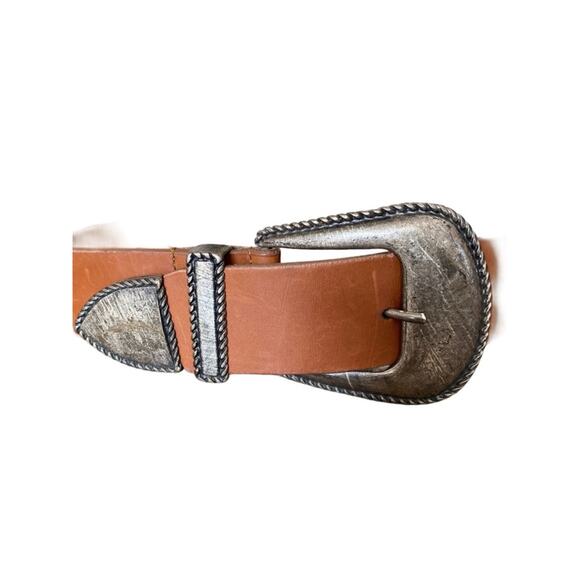 Donald J. Pliner Brown Leather Wide Waist Belt with Silver Western Buckle Medium main image 3